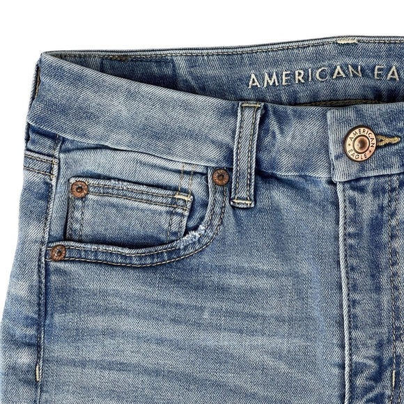 American Eagle Curvy Hi Rise Shortie 4 Distressed Cutoff Shorts Stretch Blue - Picture 2 of 11